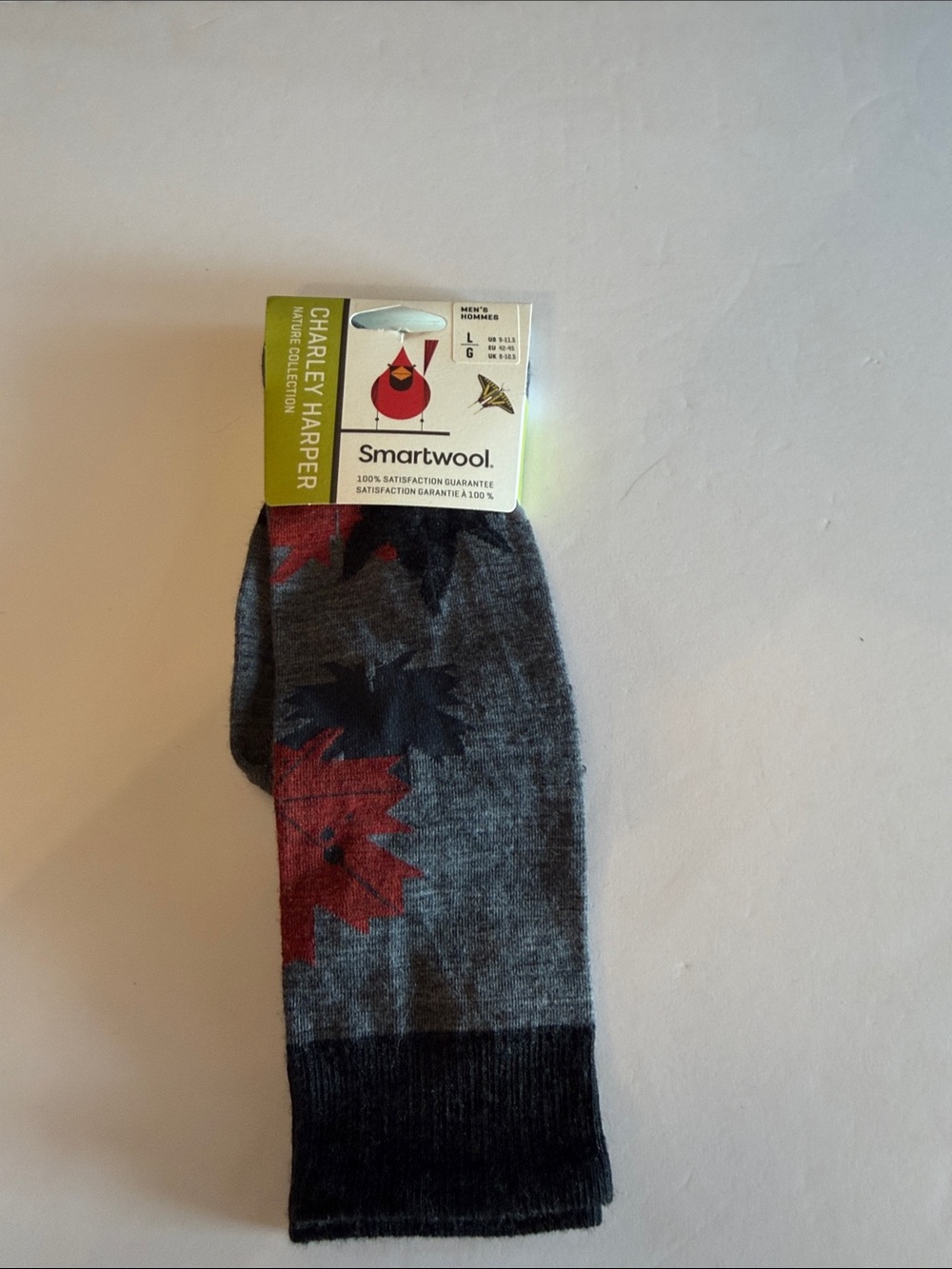 Smartwool Gray Crew Socks with Red Leaf Accents